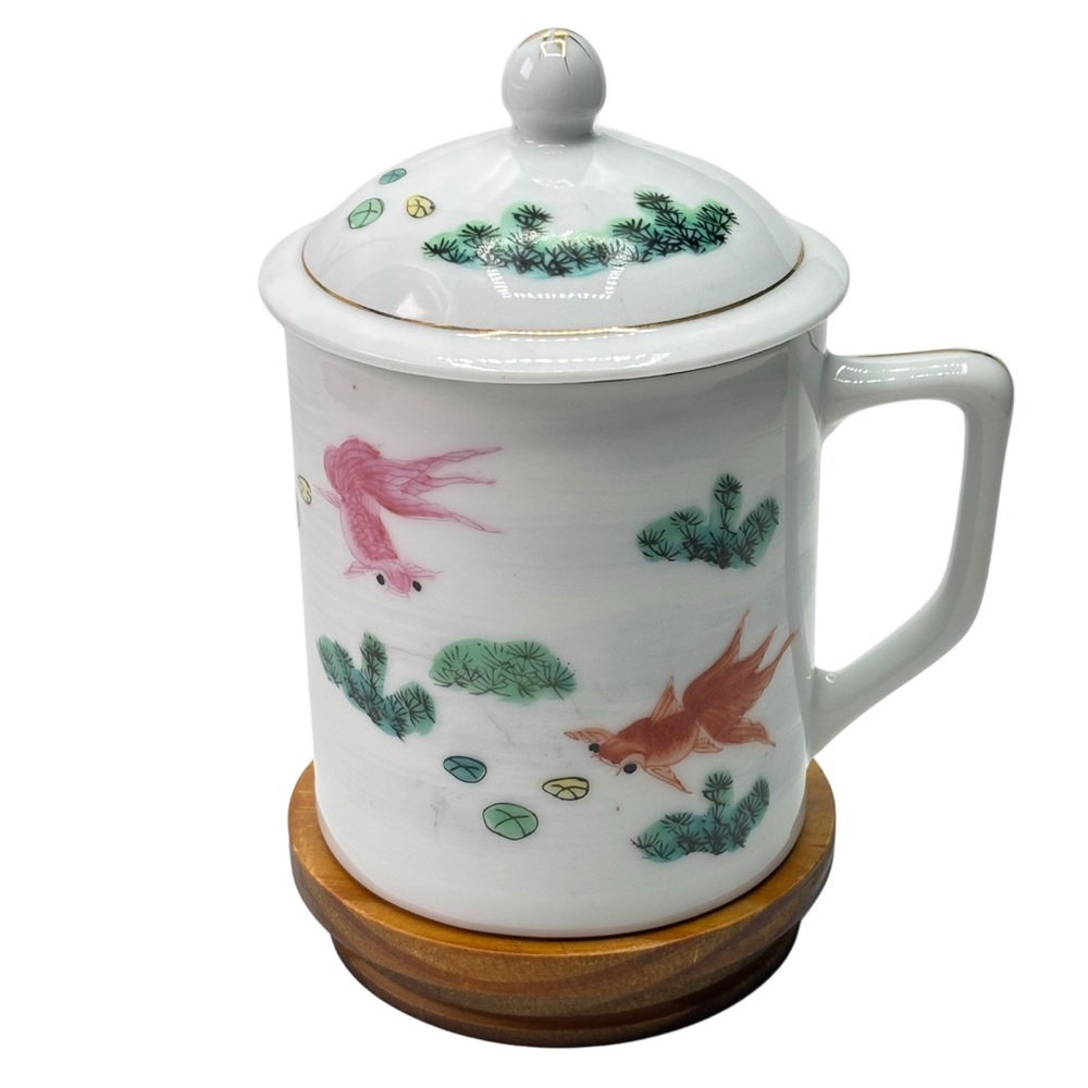 Chinese Porcelain Teacup Lidded Hand-painted Koi Fish Motif & Gold Trim 5" w/Lid